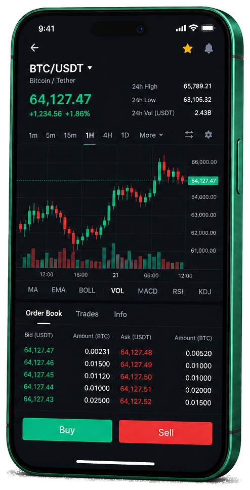 Mlakratop mobilní obchodní platforma — živý graf BTC/USDT, kniha objednávek a rozhraní nákupu/prodeje